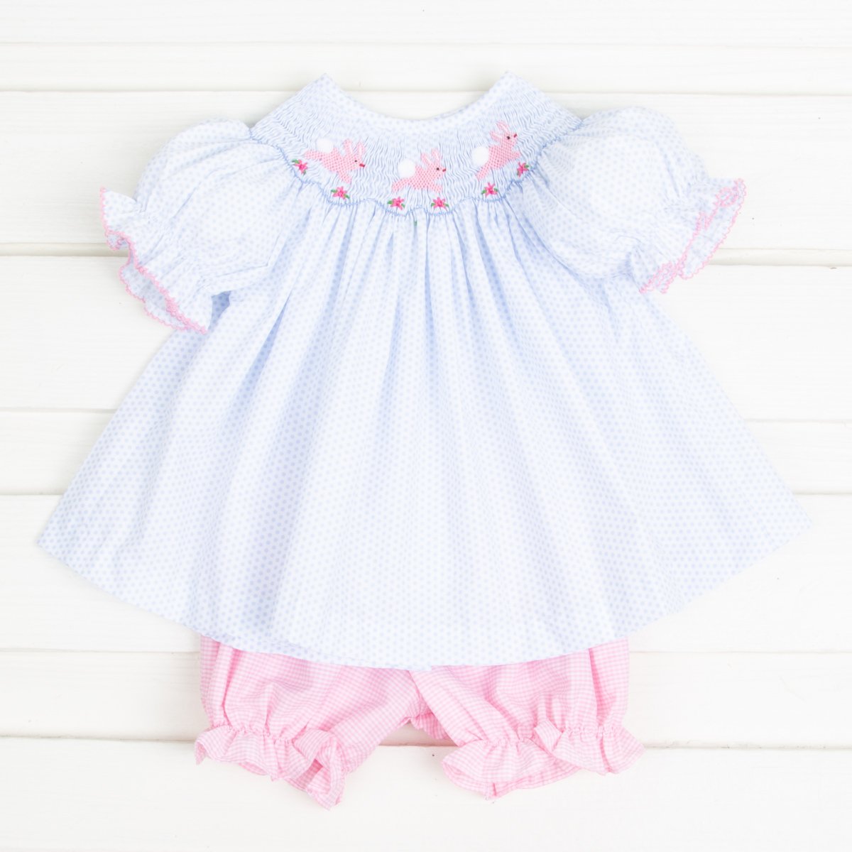 Bunny and Flowers Smocked Bloomer Set Light Blue Dot