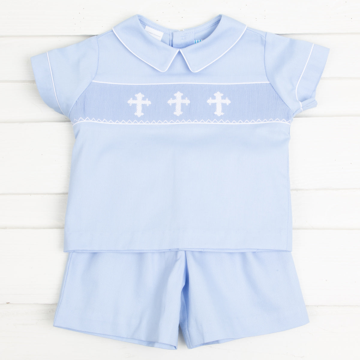 White Cross Smocked Short Set Light Blue Pique
