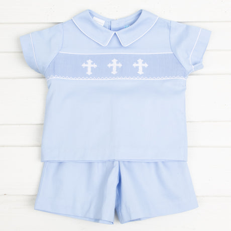 White Cross Smocked Short Set Light Blue Pique