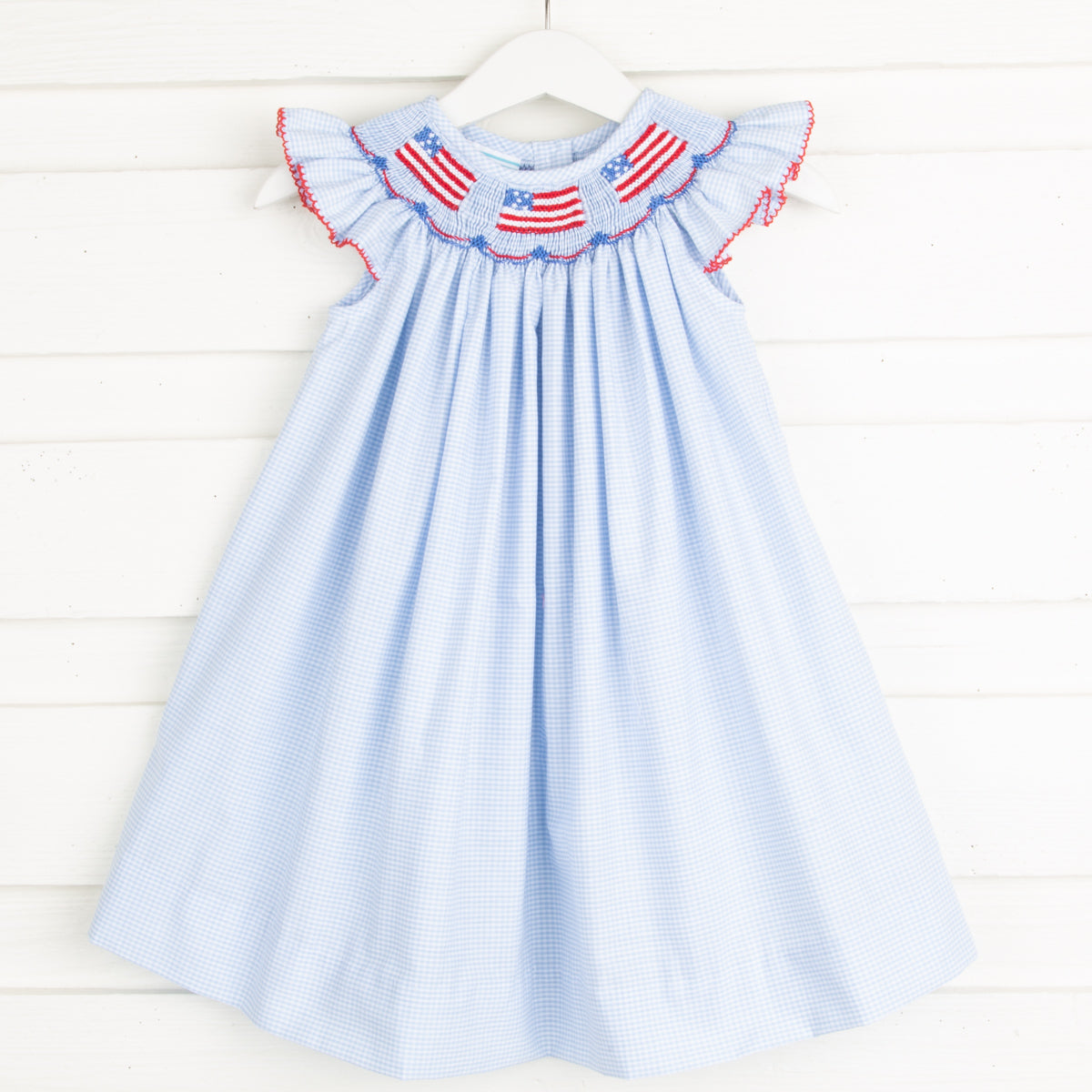 Light Blue Gingham Flag Smocked Dress
