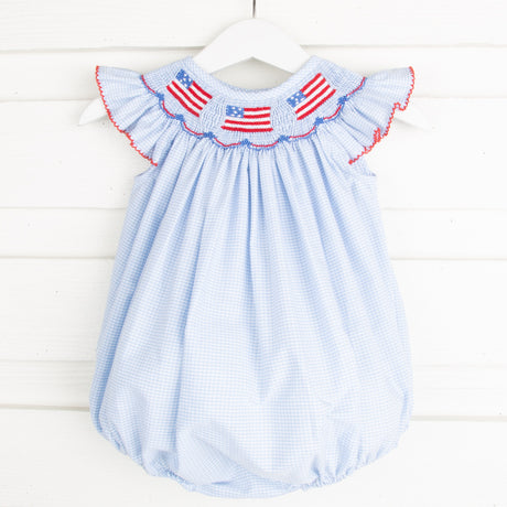 Light Blue Gingham Flag Smocked Bubble