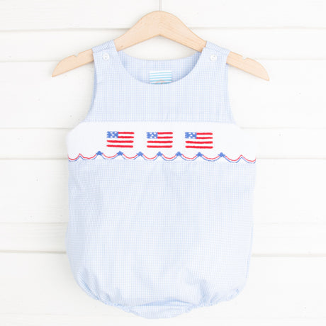 Light Blue Gingham Flag Smocked Sun Bubble