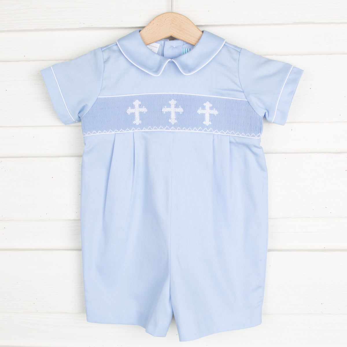 White Cross Smocked Collared Romper Light Blue Pique