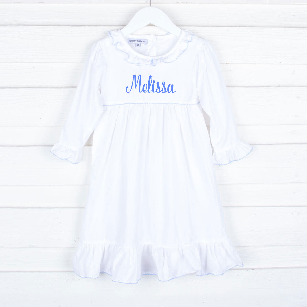 White Nightgown With Blue Picot Trim