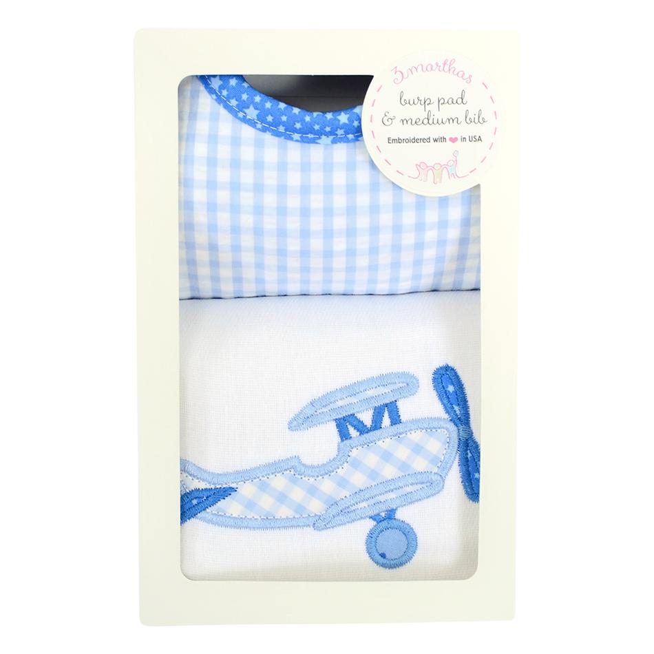Blue Airplane Bib & Burp Box Set