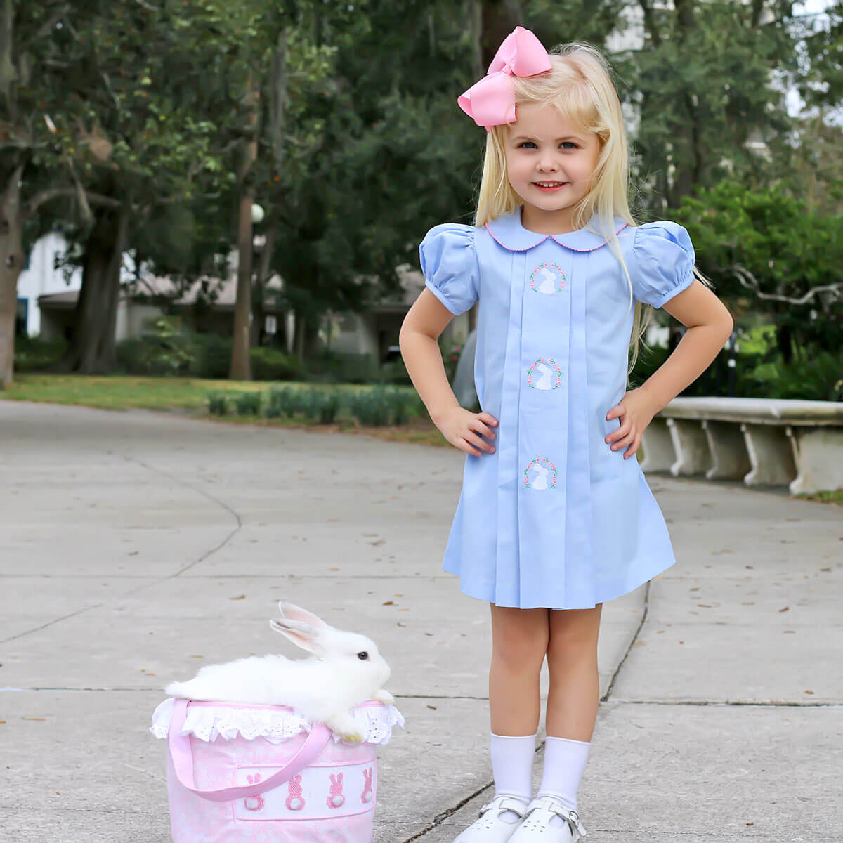Bunny Wreath Pleated Dress Blue Pique