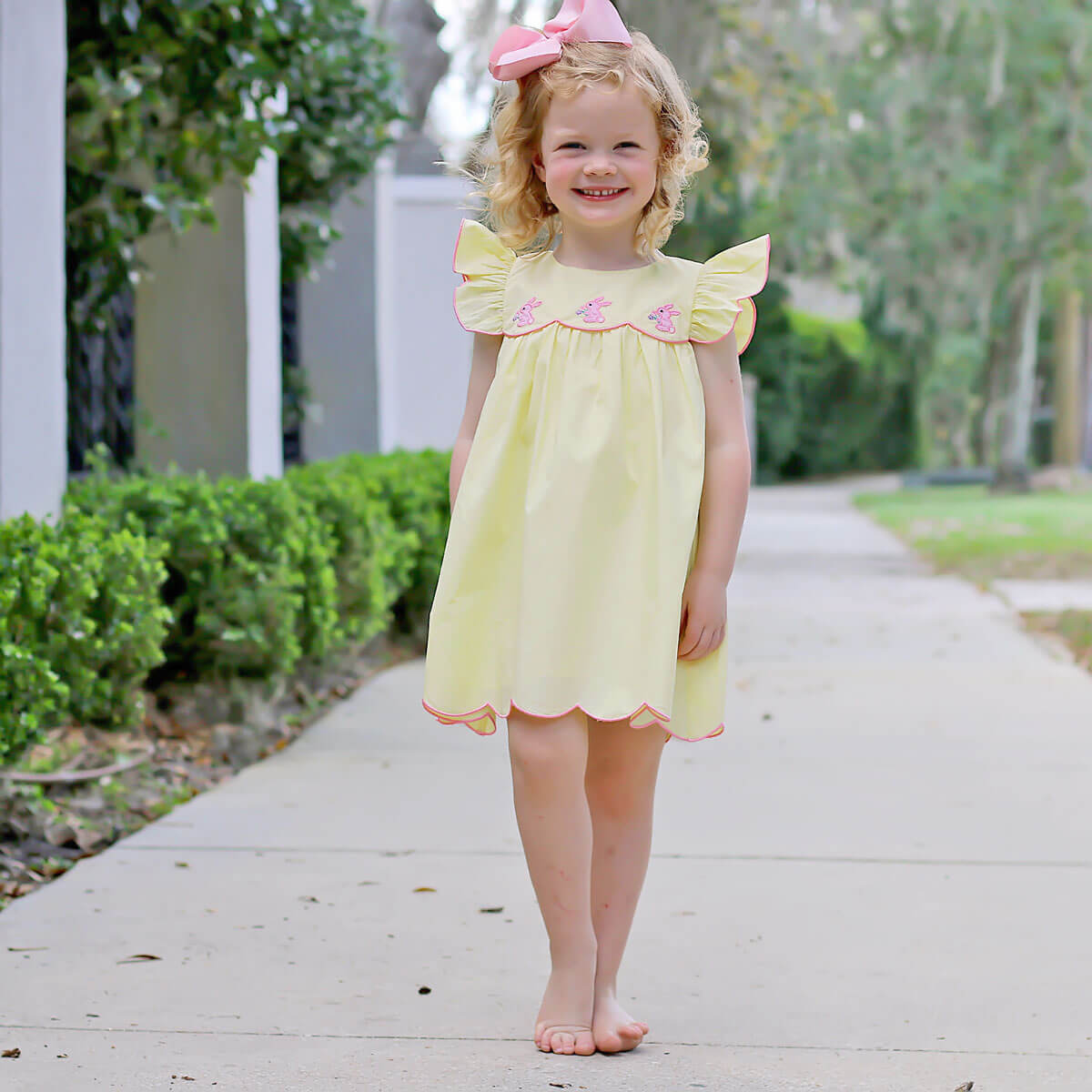 Pink Bunnies Yellow Scalloped Amelia Dress