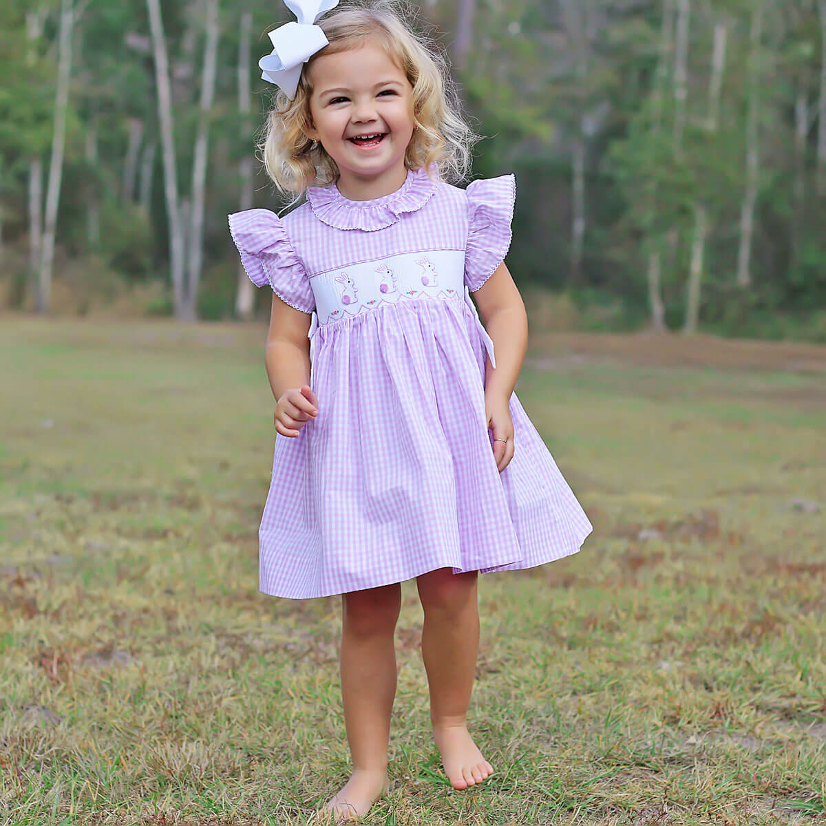 Bunny Silhouette Smocked Ruffle Collared Dress Lavender Check