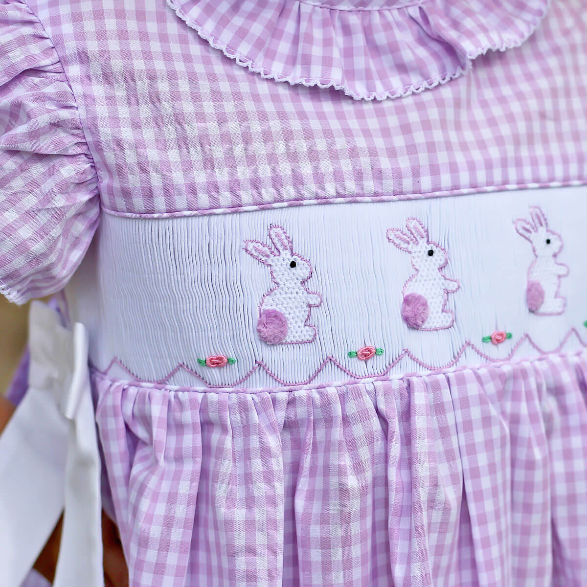 Bunny Silhouette Smocked Ruffle Collared Dress Lavender Check