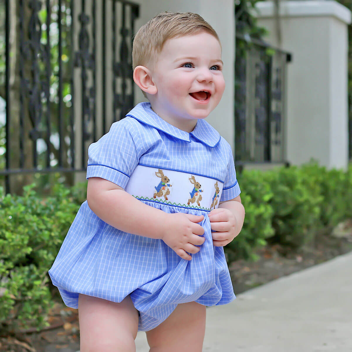 Storybook Smocked Blue Windowpane Boy Bubble