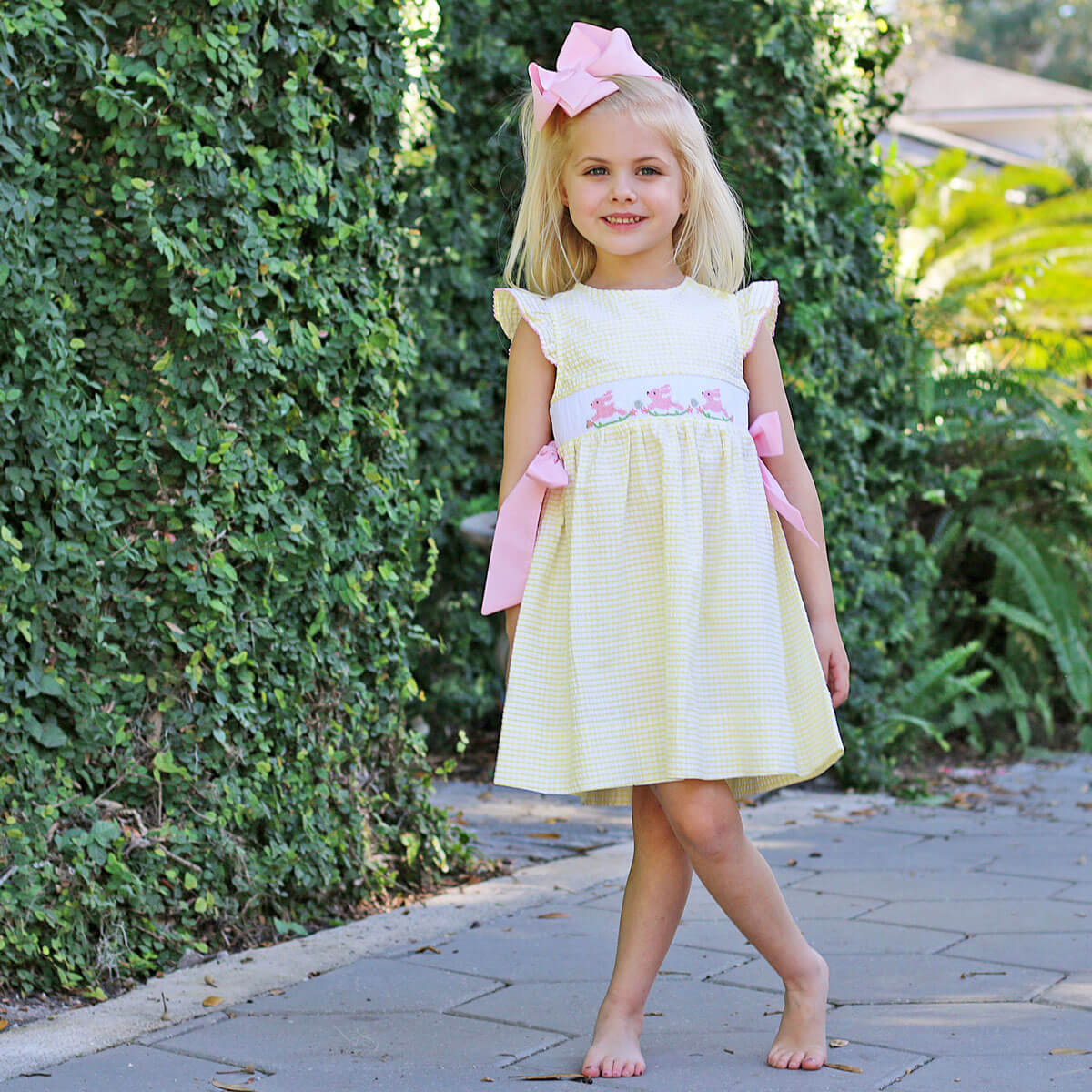 Hoppy Bunnies Yellow Smocked Beverly Dress