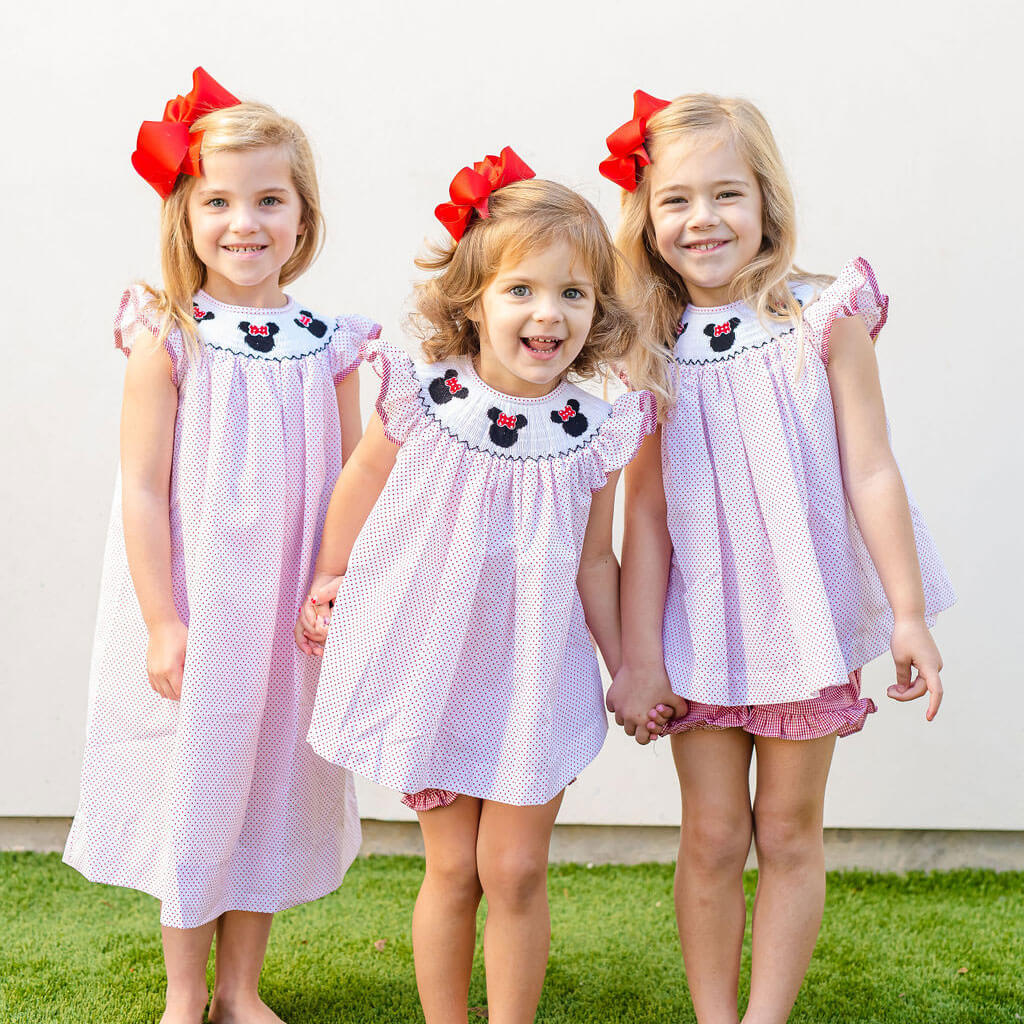 Mouse Ears Smocked Angel Sleeve Bloomer Set Red Dot
