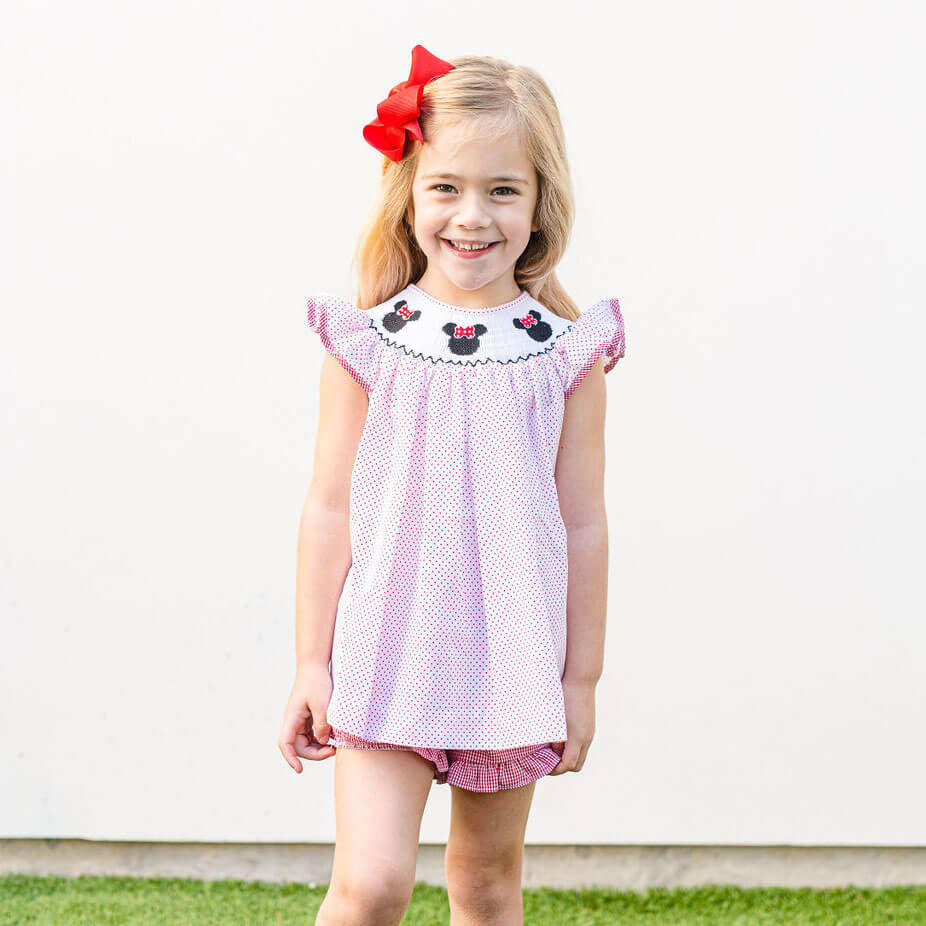 Mouse Ears Smocked Angel Sleeve Short Set Red Dot