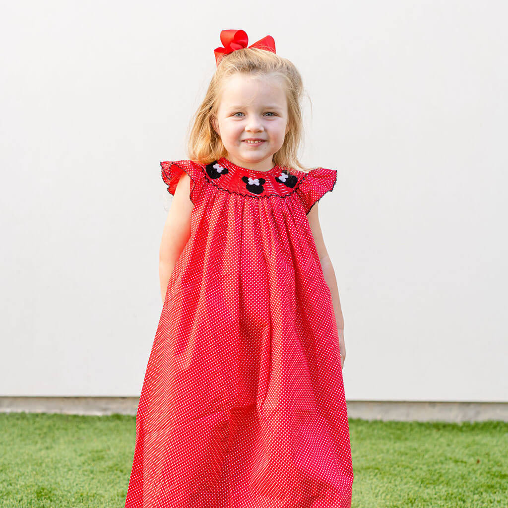 Mouse Ears Smocked Red Dotted Dress