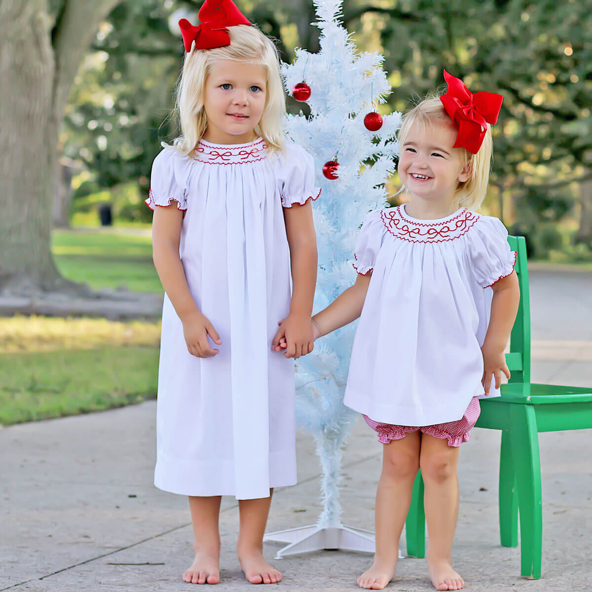 Smocked Red Bows White Dress