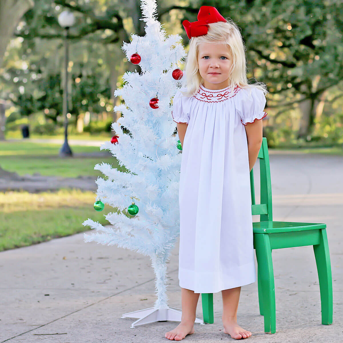 Smocked Red Bows White Dress