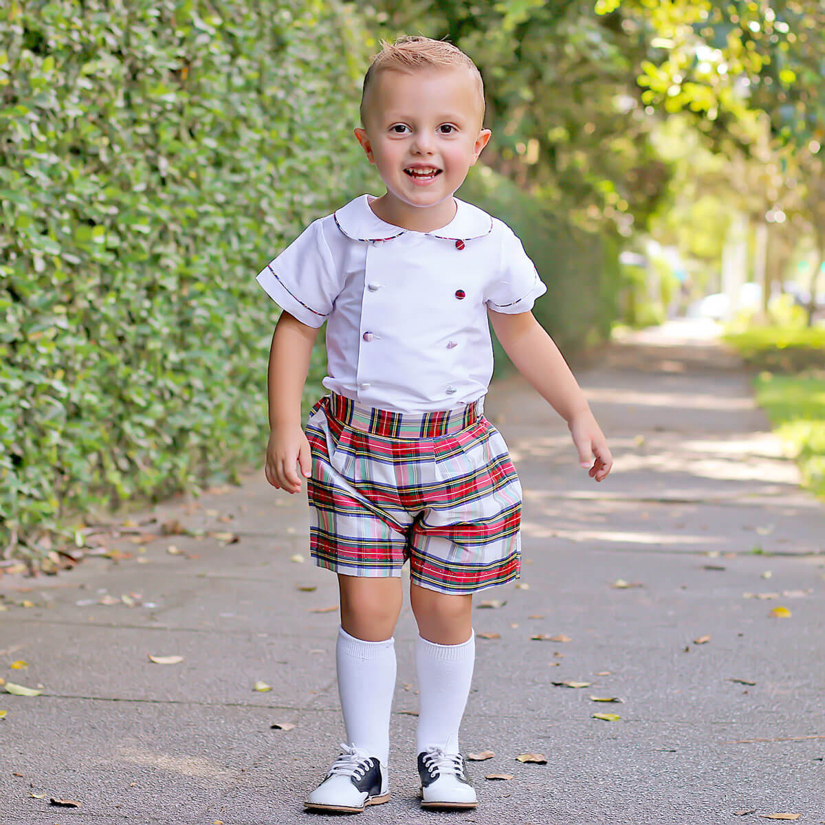 Festive Plaid Taffeta Collared Short Set