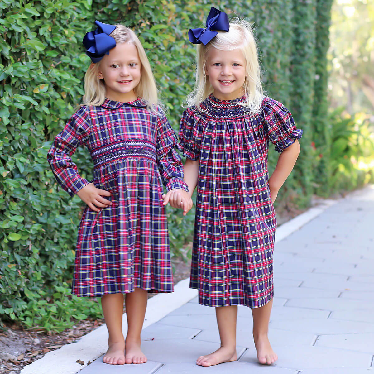 Geometric Smocked Vermont Plaid Long Sleeve Dress