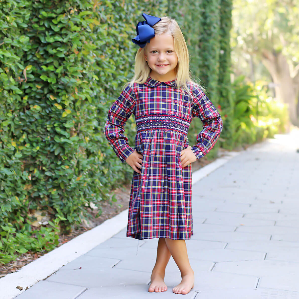 Geometric Smocked Vermont Plaid Long Sleeve Dress