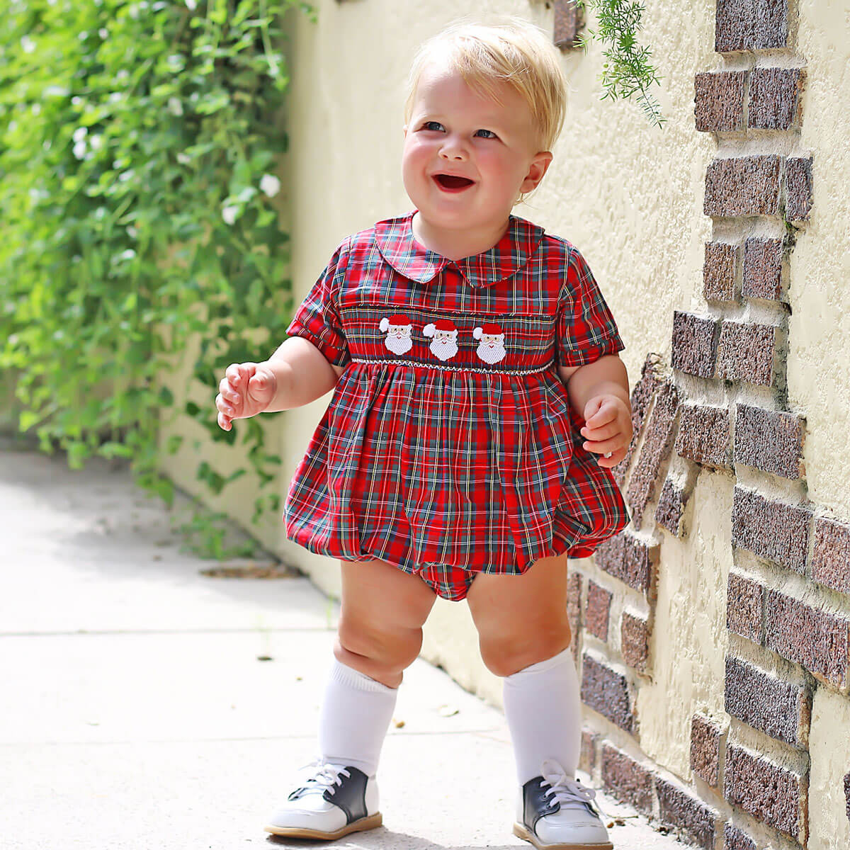 Smocked Santa Red Plaid Boy Bubble