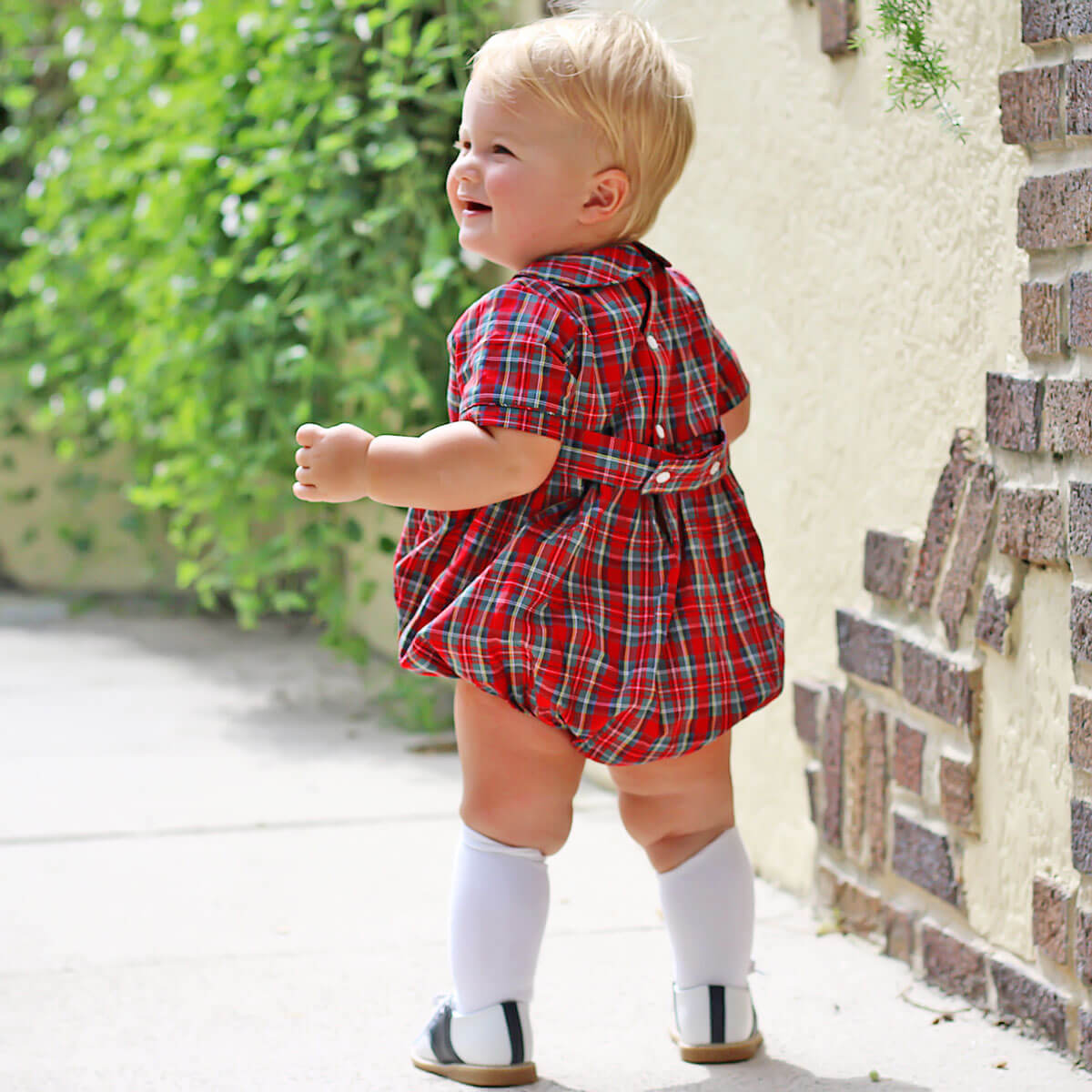 Smocked Santa Red Plaid Boy Bubble
