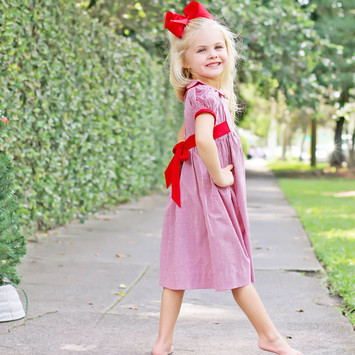 Red Gingham Collared Sash Dress