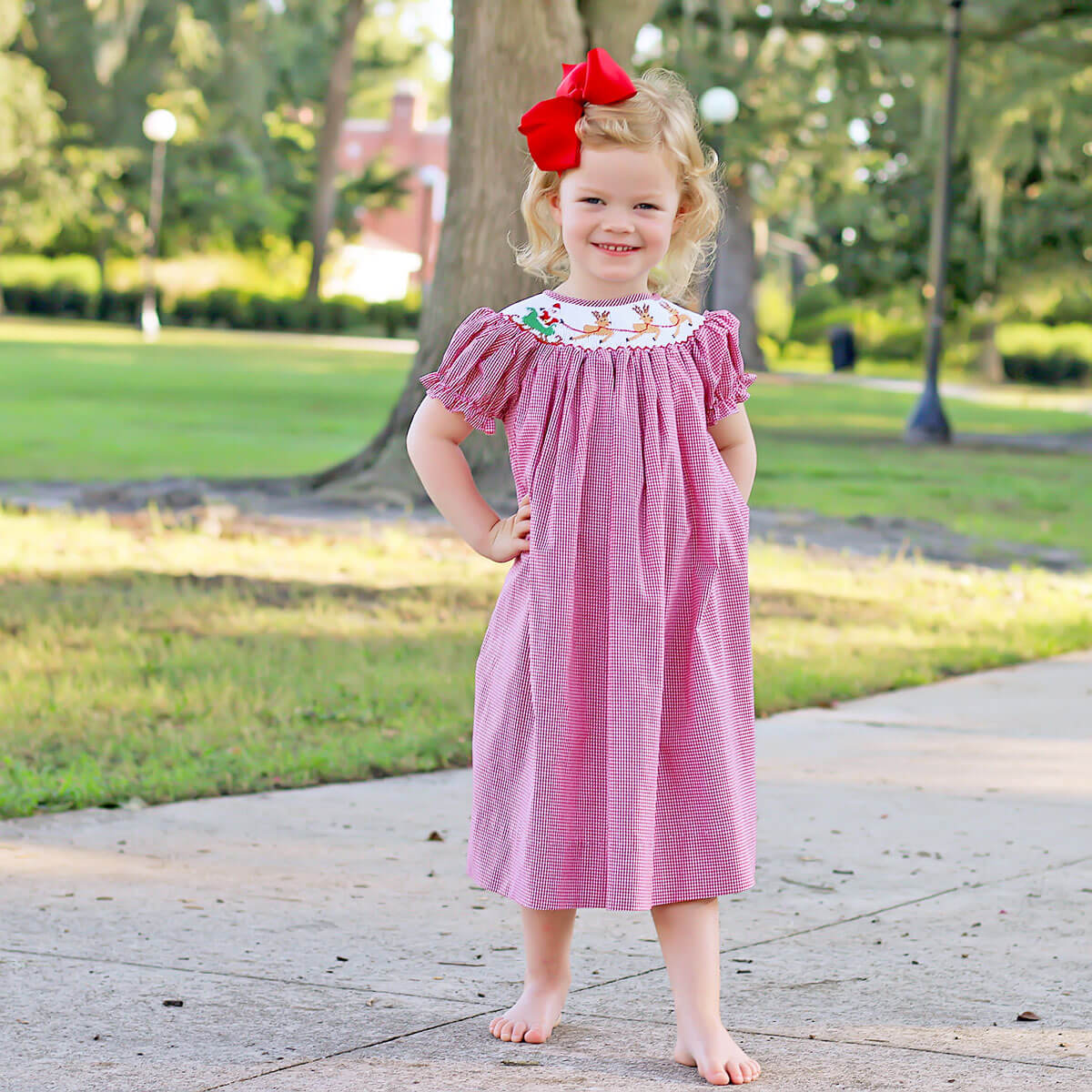 Santa's Magic Smocked Red Gingham Bishop Dress
