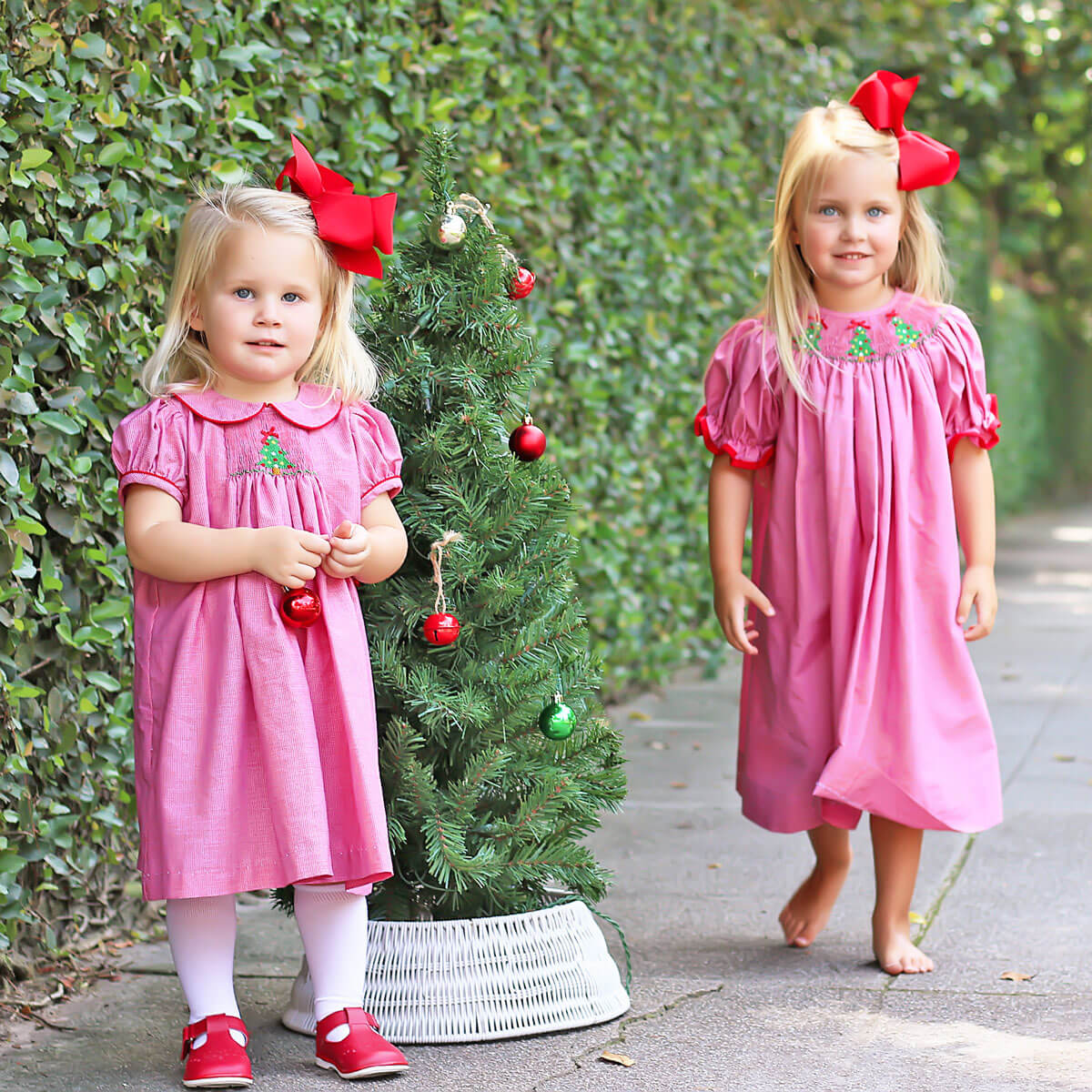 Twinkly Tree Red Smocked Bishop Dress
