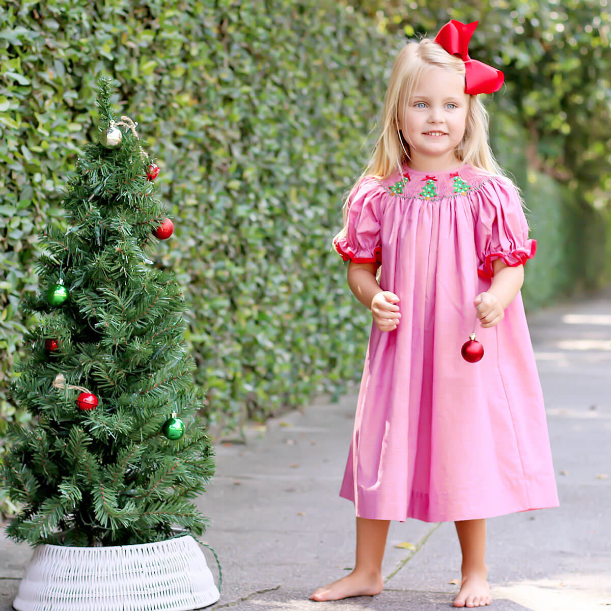 Twinkly Tree Red Smocked Bishop Dress