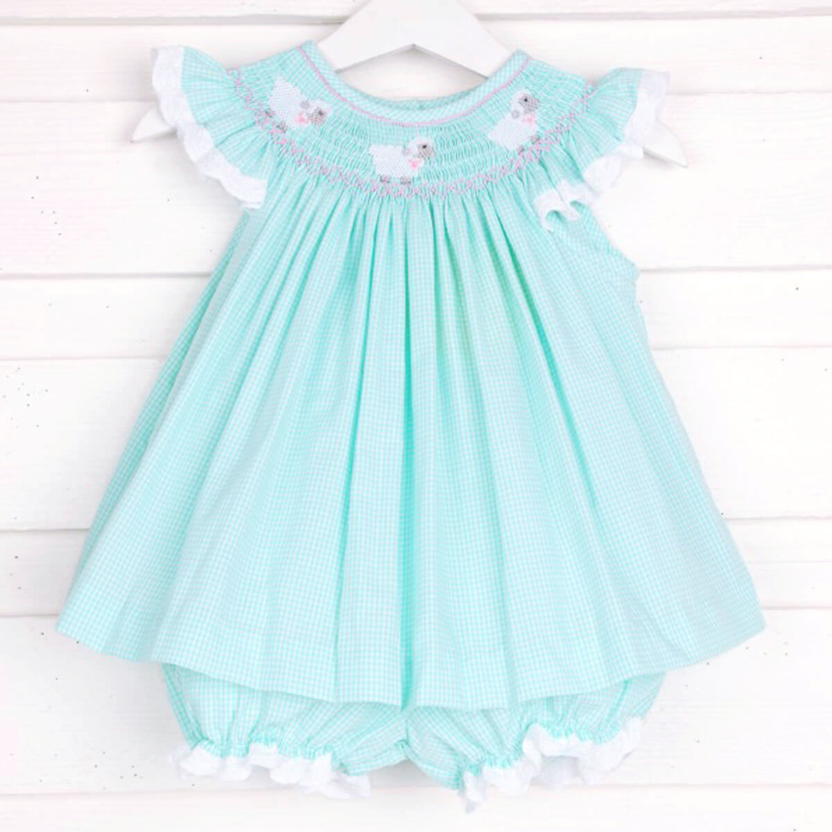 Lamb Smocked Bloomer Set Mint Gingham