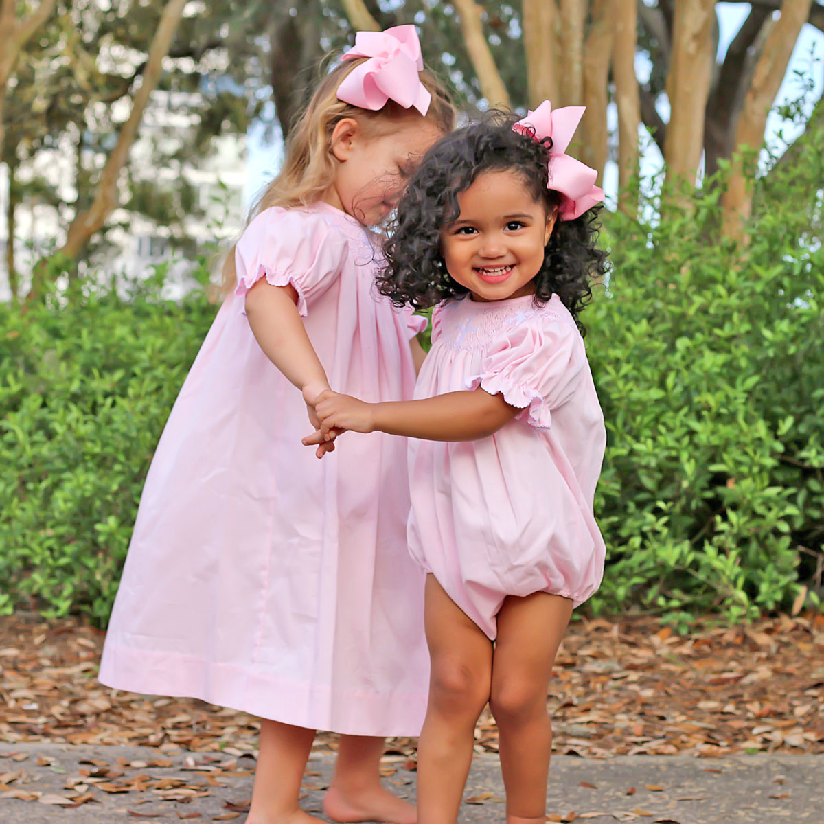 Cross Smocked Pink Pique Bishop Dress