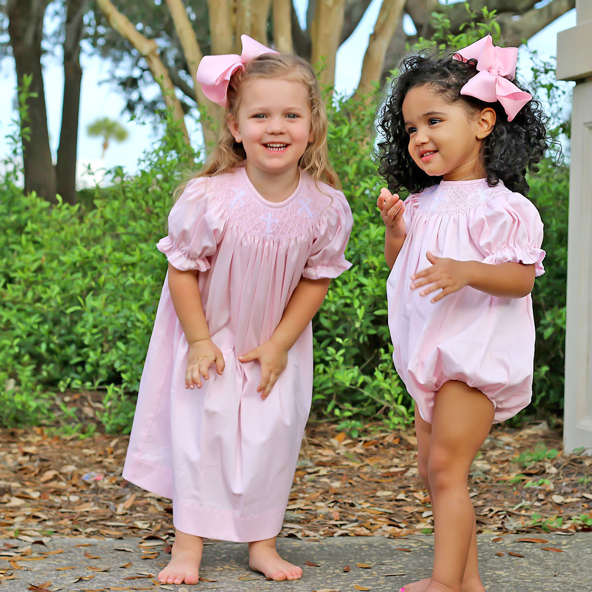 Cross Smocked Pink Pique Bishop Dress
