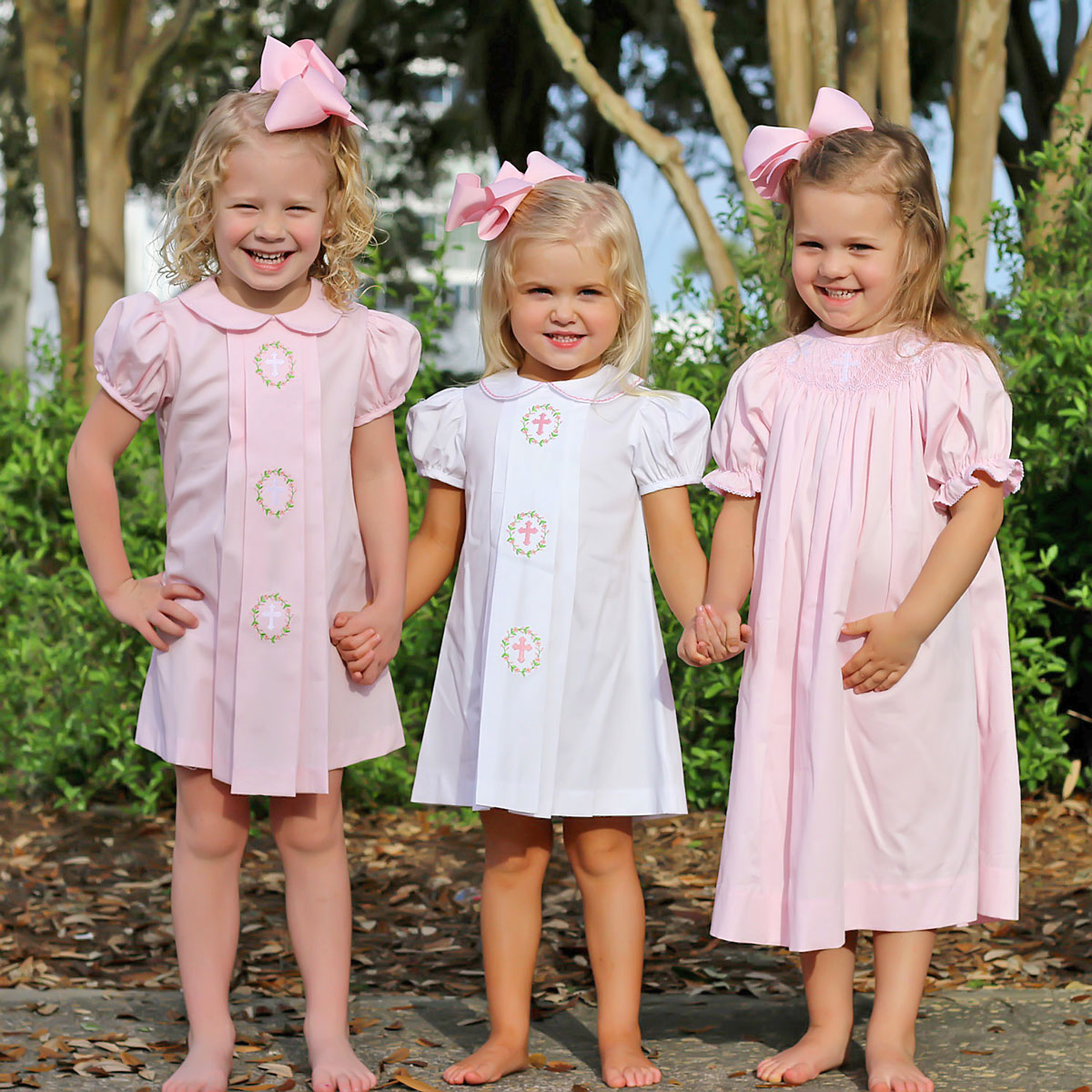 Cross Smocked Pink Pique Bishop Dress