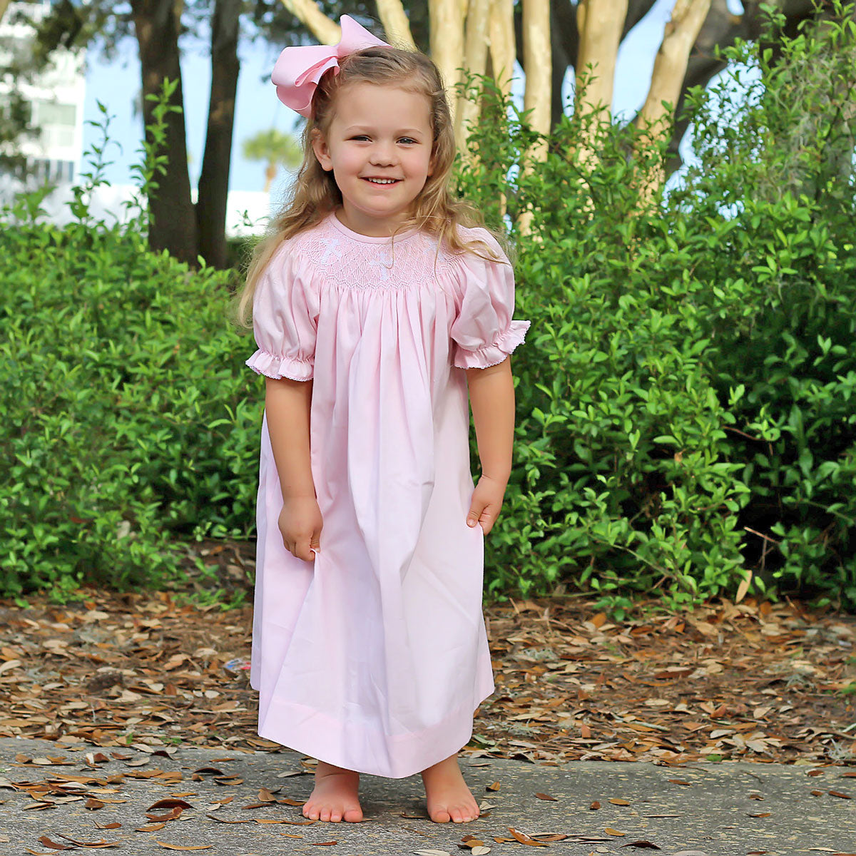 Cross Smocked Pink Pique Bishop Dress