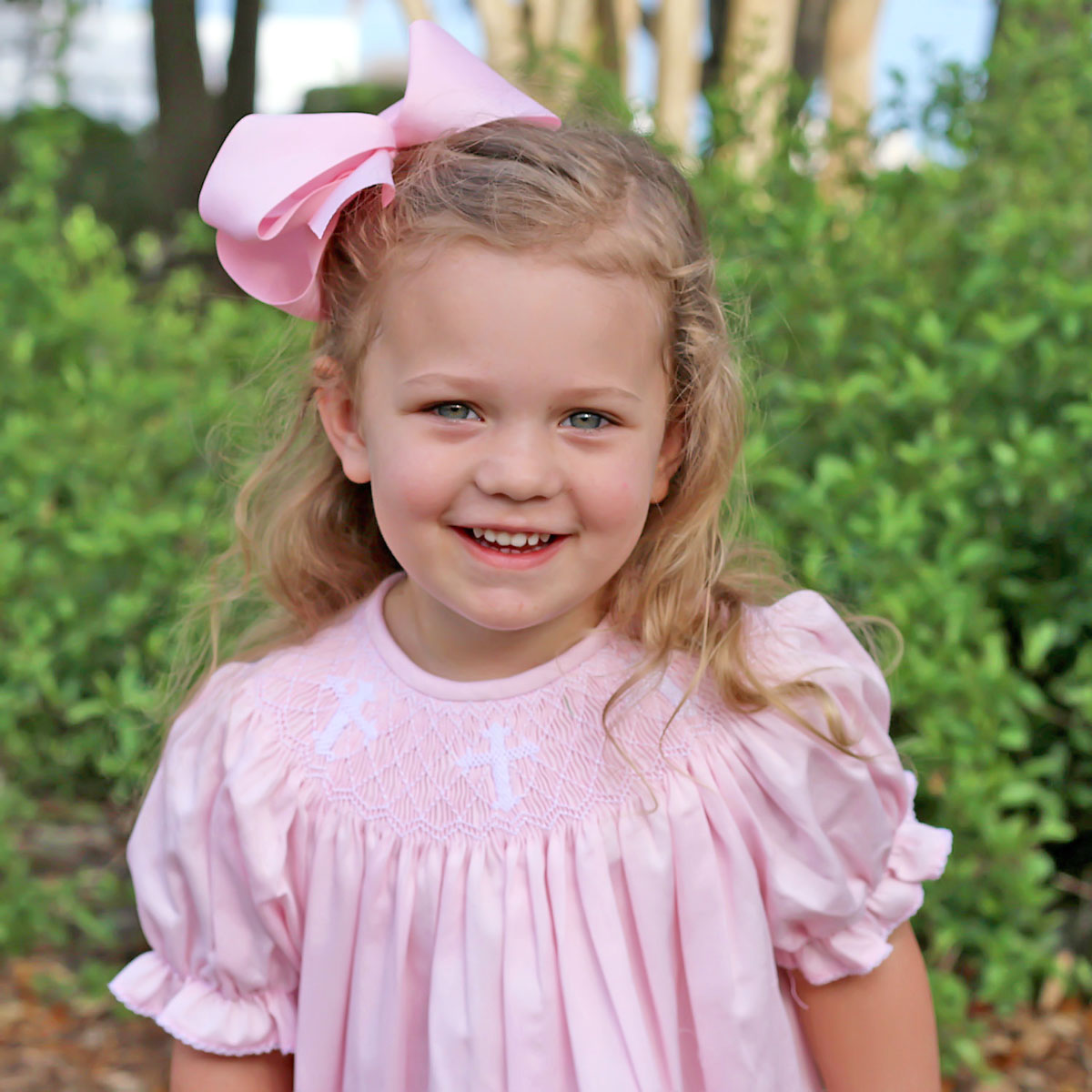 Cross Smocked Pink Pique Bishop Dress