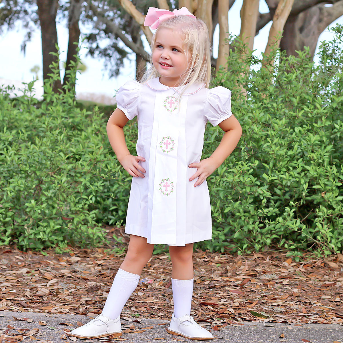 Cross and Wreath Embroidered Collared Dress White Pique