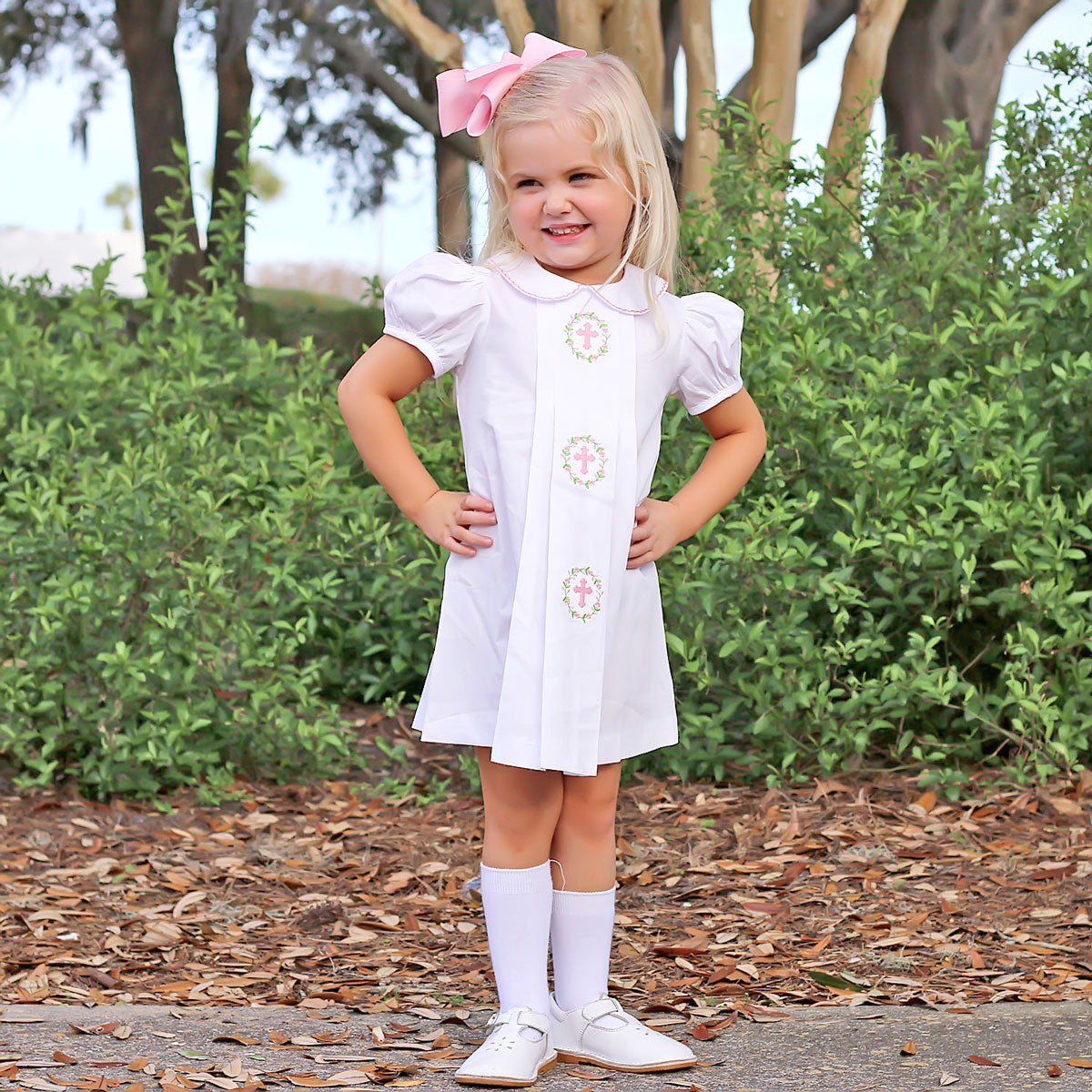 Cross and Wreath Embroidered Collared Dress White Pique