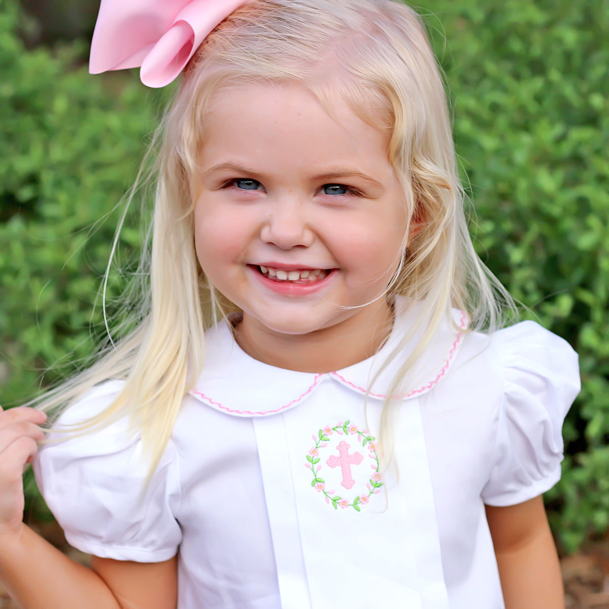 Cross and Wreath Embroidered Collared Dress White Pique