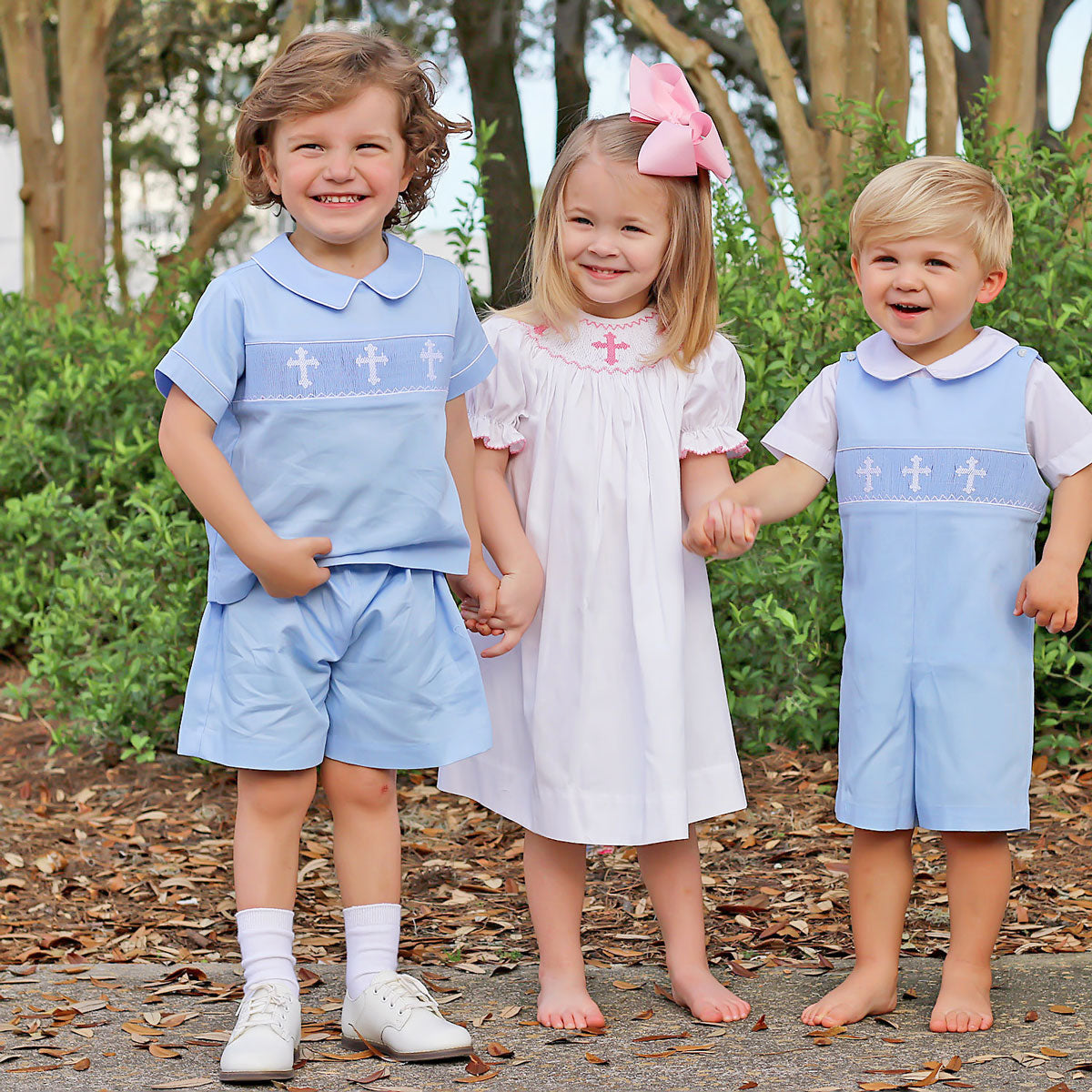 White Cross Smocked Short Set Light Blue Pique