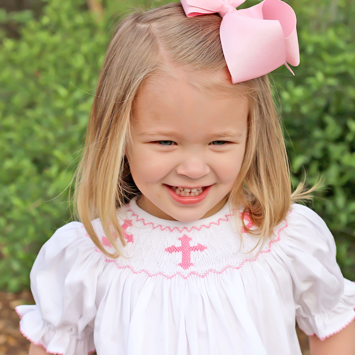 Pink Cross Smocked White Bishop Dress