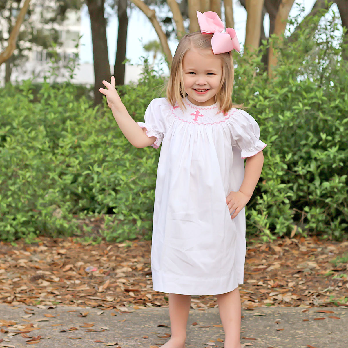 Pink Cross Smocked White Bishop Dress