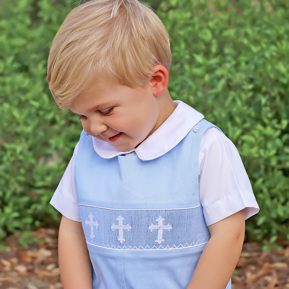 Cross Smocked Light Blue Pique Jon Jon