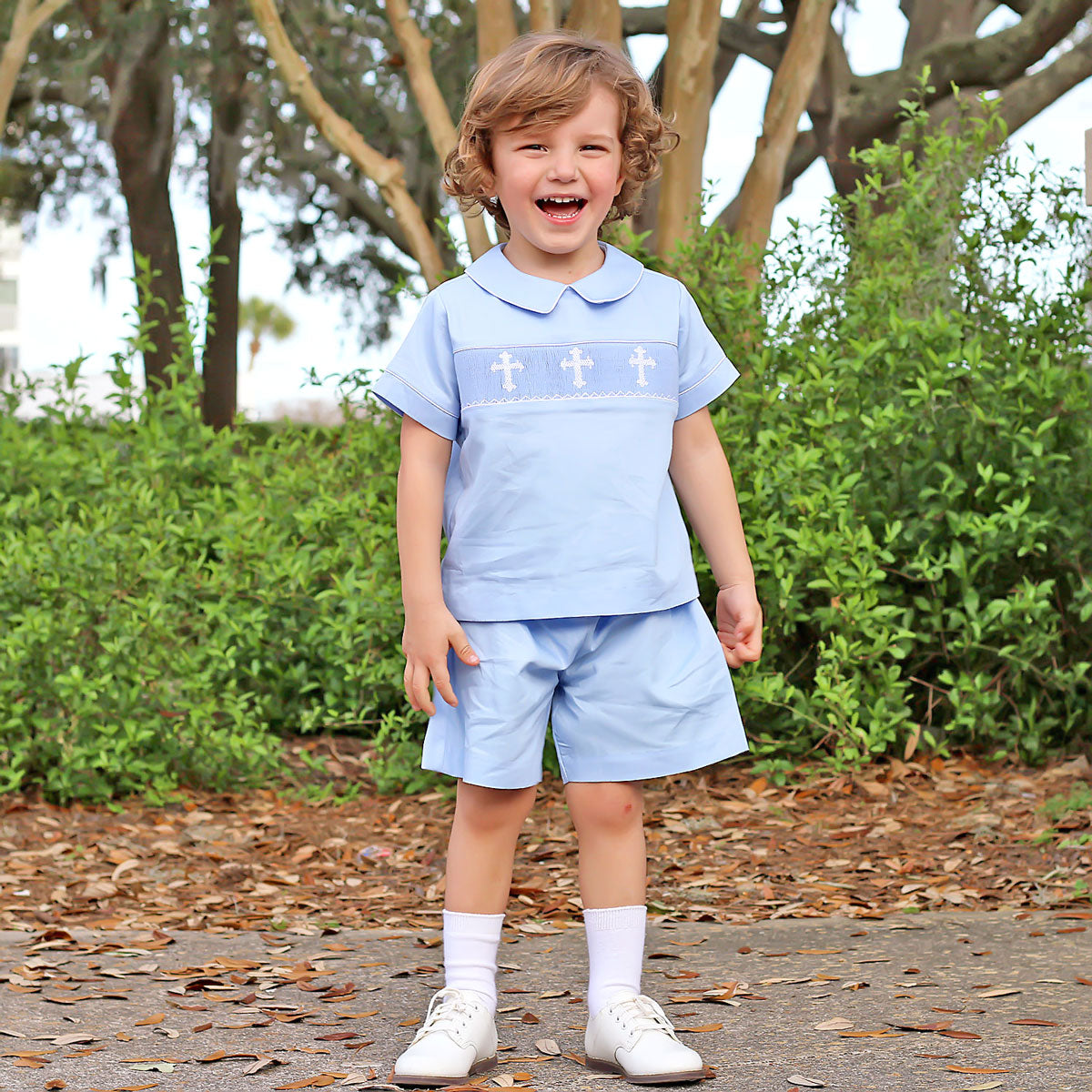 Cross Smocked Light Blue Pique Short Set