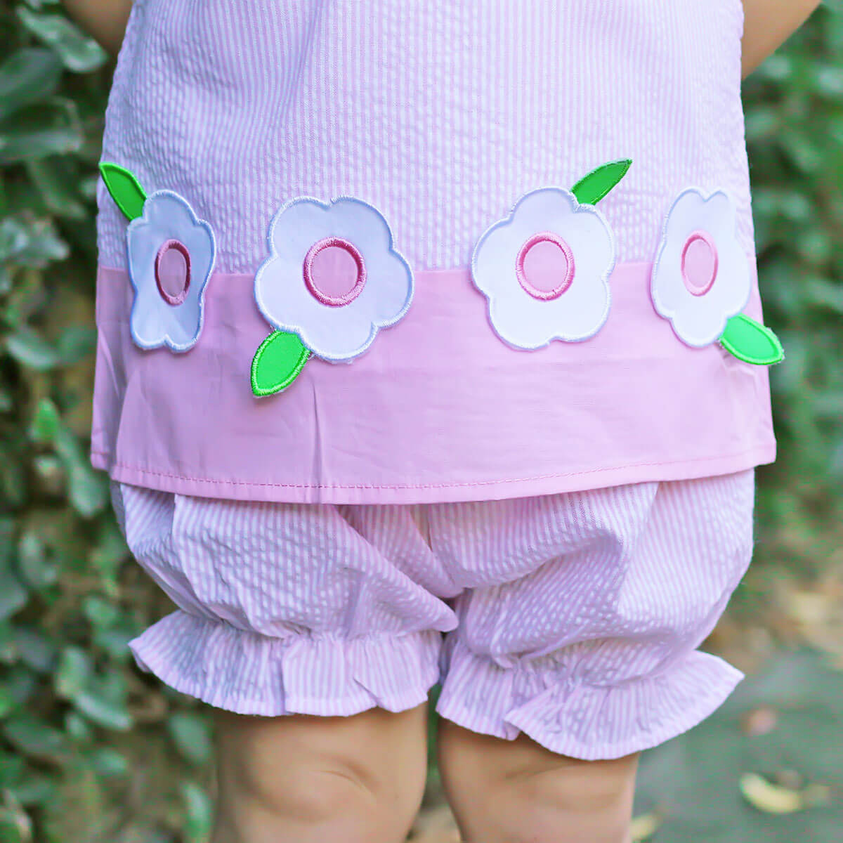 Flower Applique Pink Stripe Bloomer Set