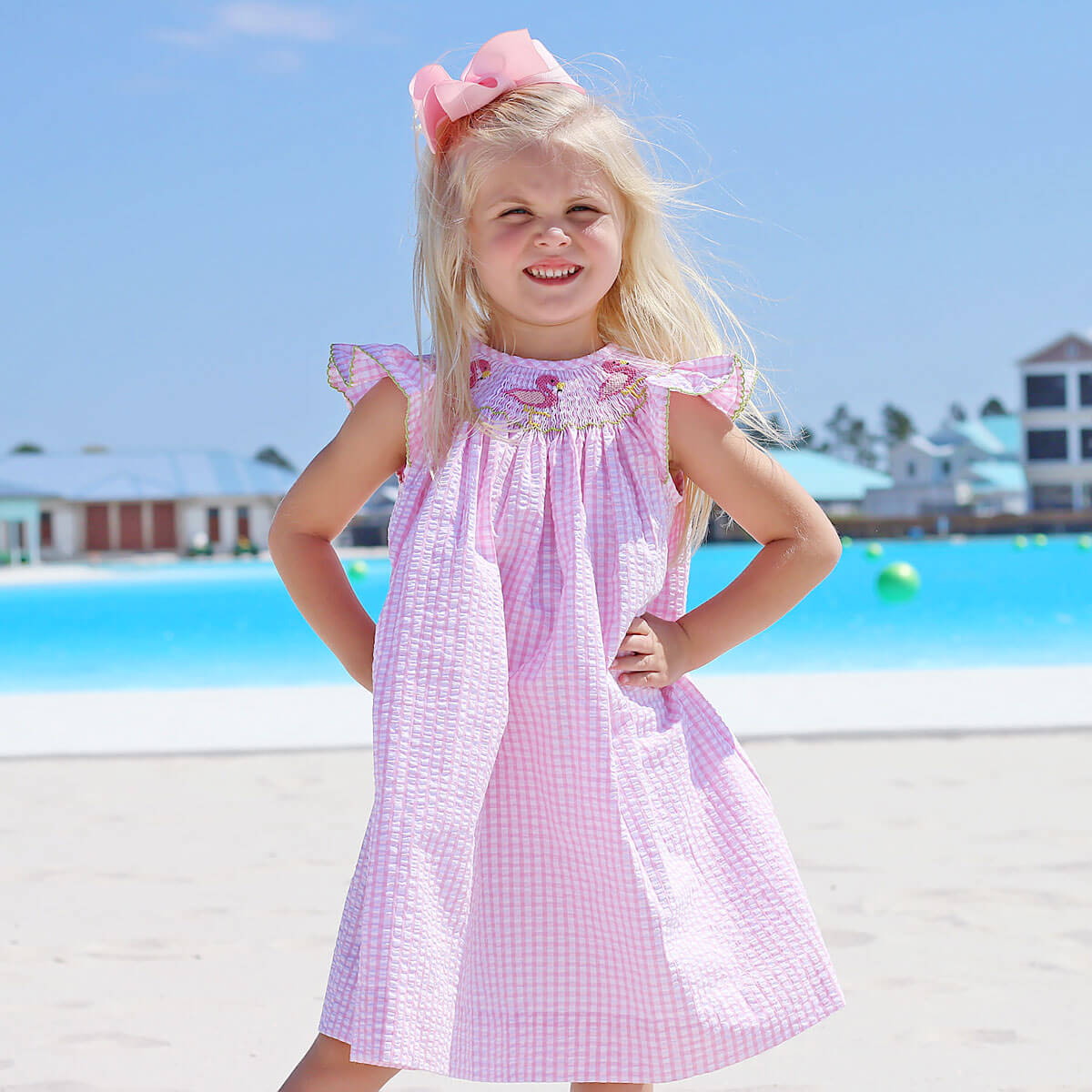 Flamingo Smocked Pink Gingham Dress