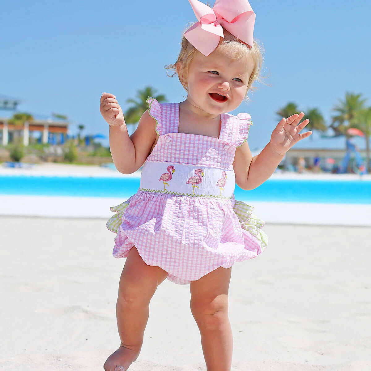 Smocked Flamingos Pink Check Bubble