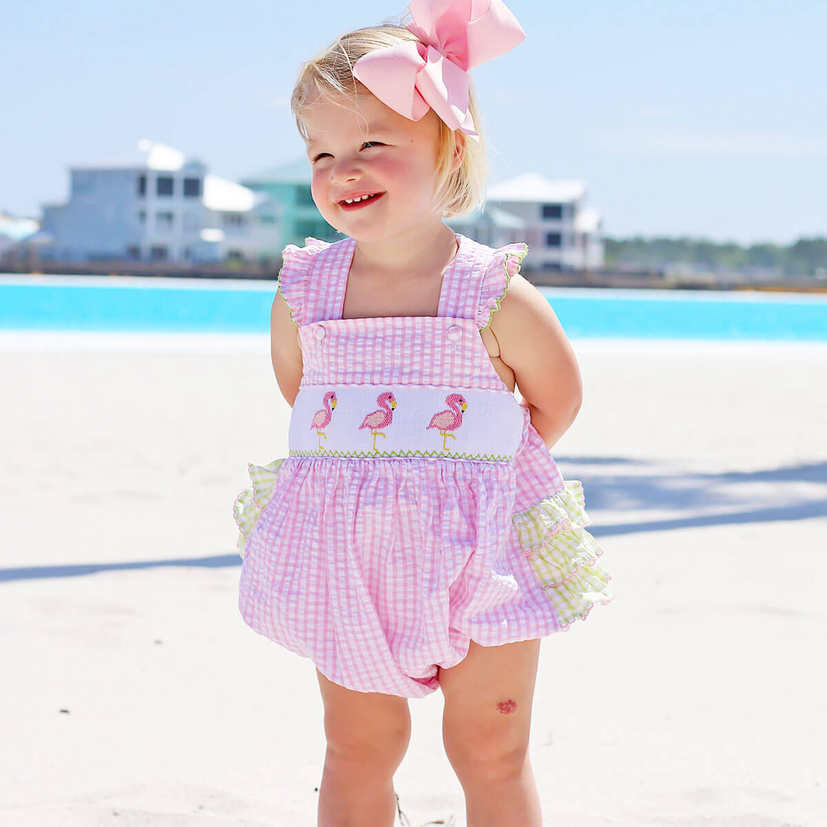 Smocked Flamingos Pink Check Bubble
