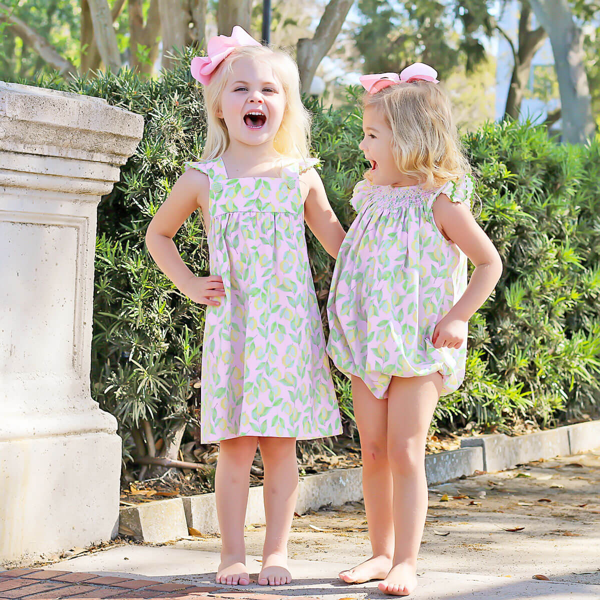 Geo Smocked Pink Lemon Print Bubble