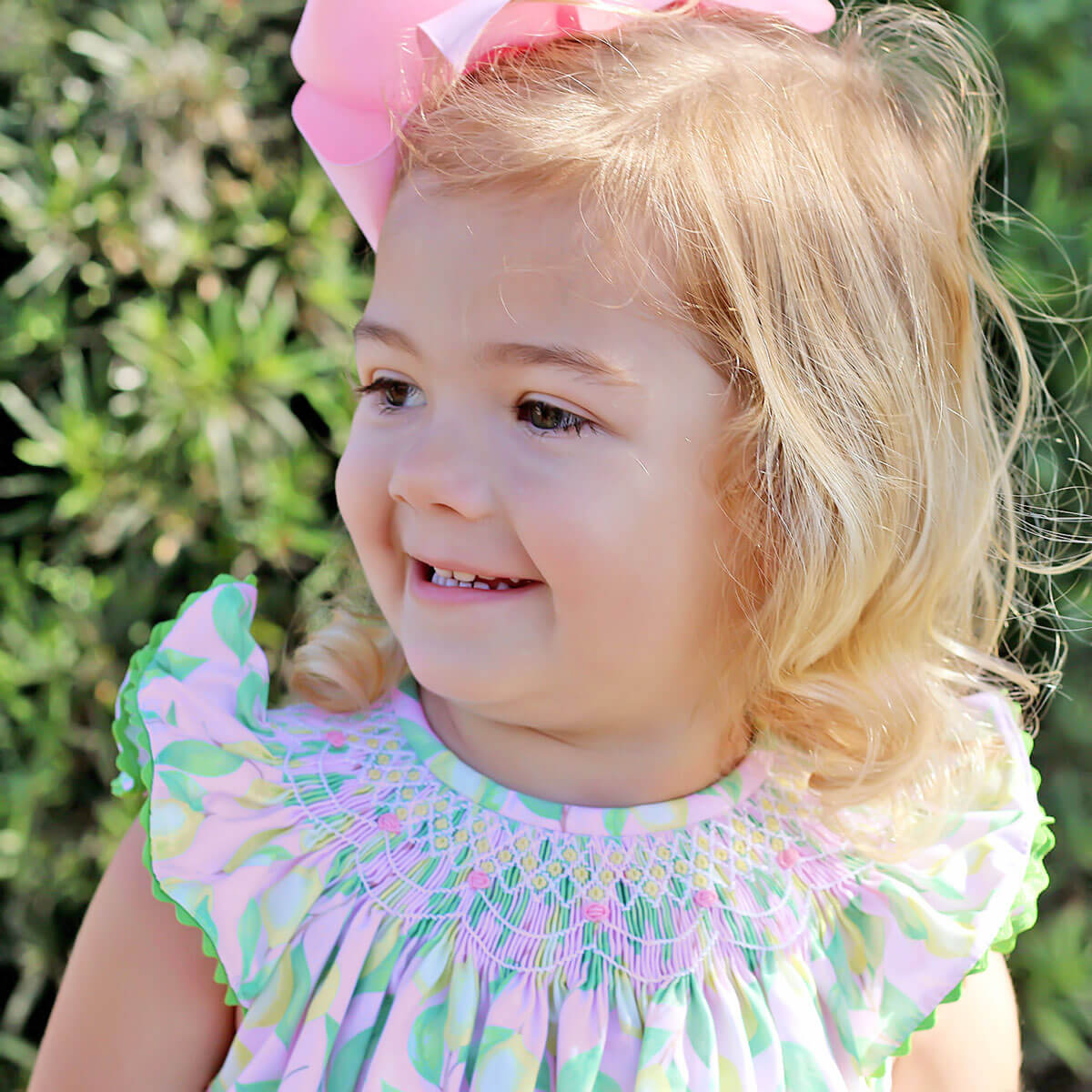 Geo Smocked Pink Lemon Print Bubble