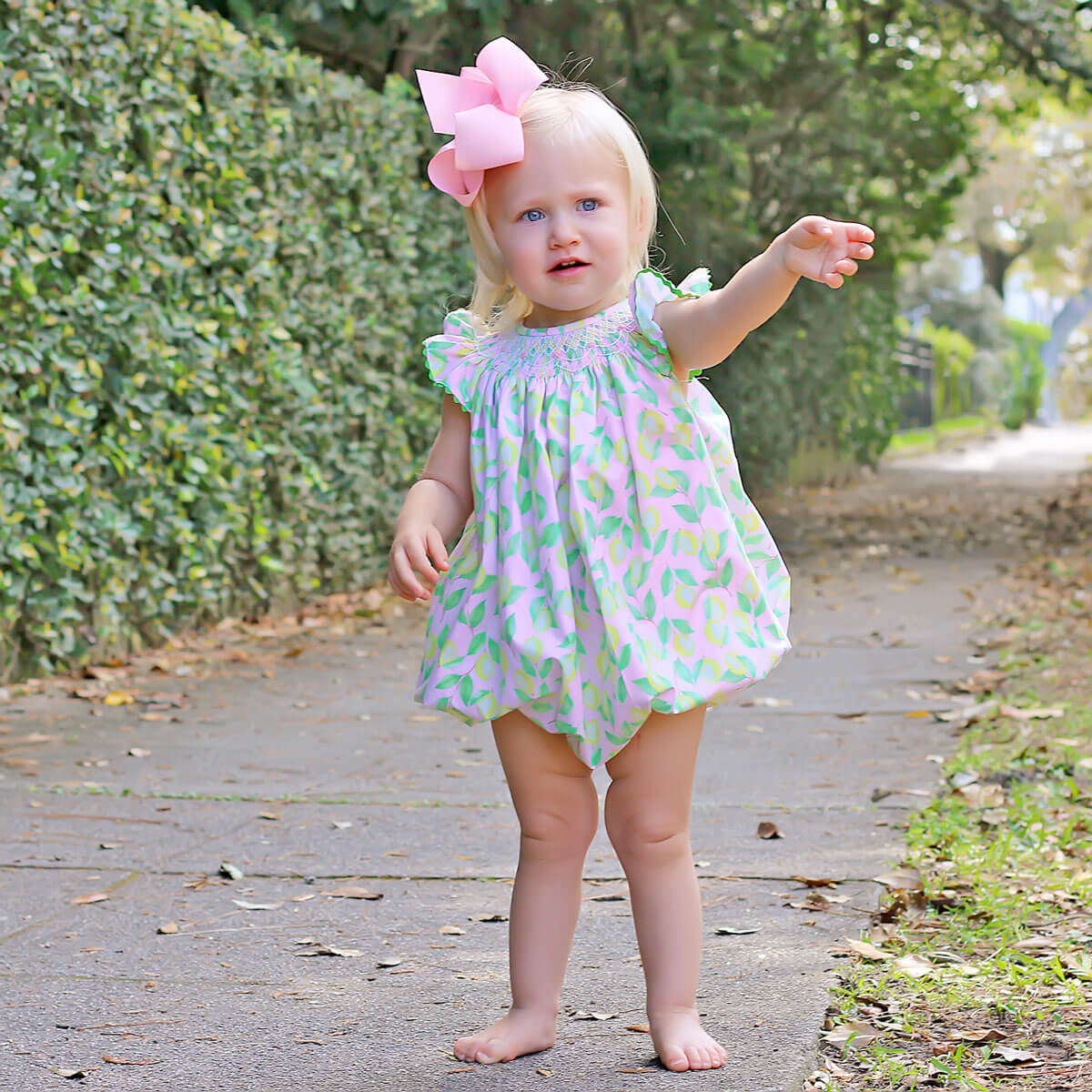 Geo Smocked Pink Lemon Print Bubble
